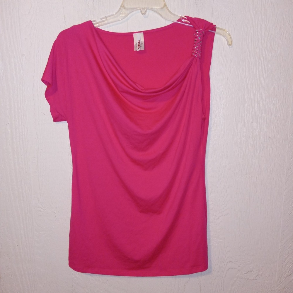 Bongo Cowl Neck Top Women XL Pink One Shoulder Rhinestone Y2K Asymmetrical